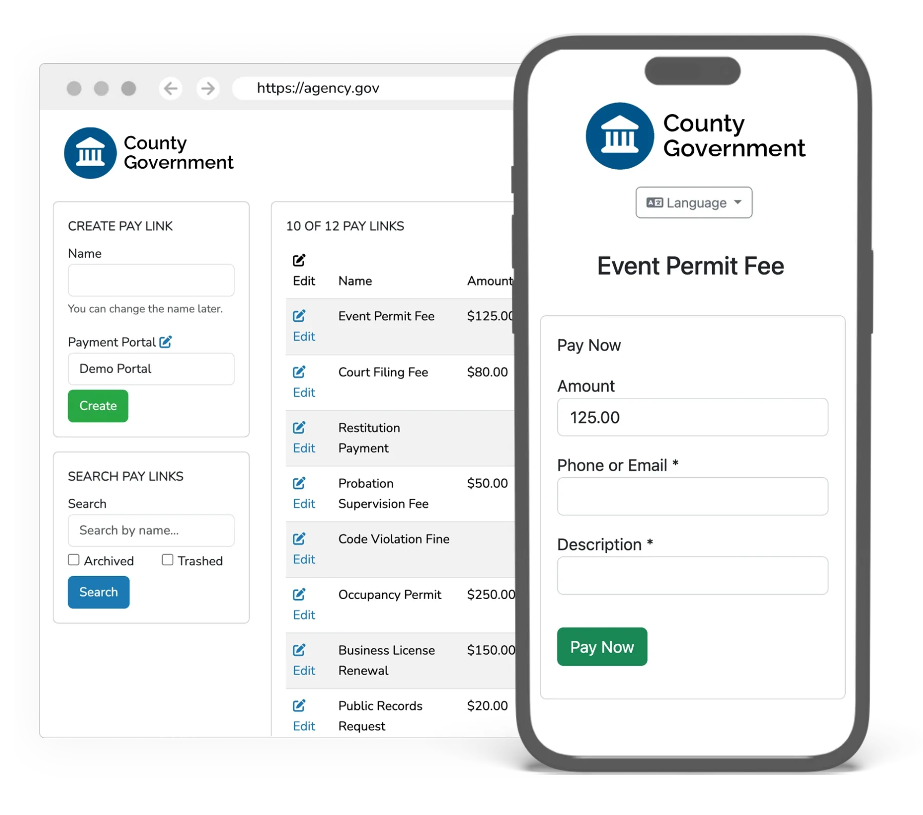 GovPayPlan form builder and the resulting form on a mobile device
