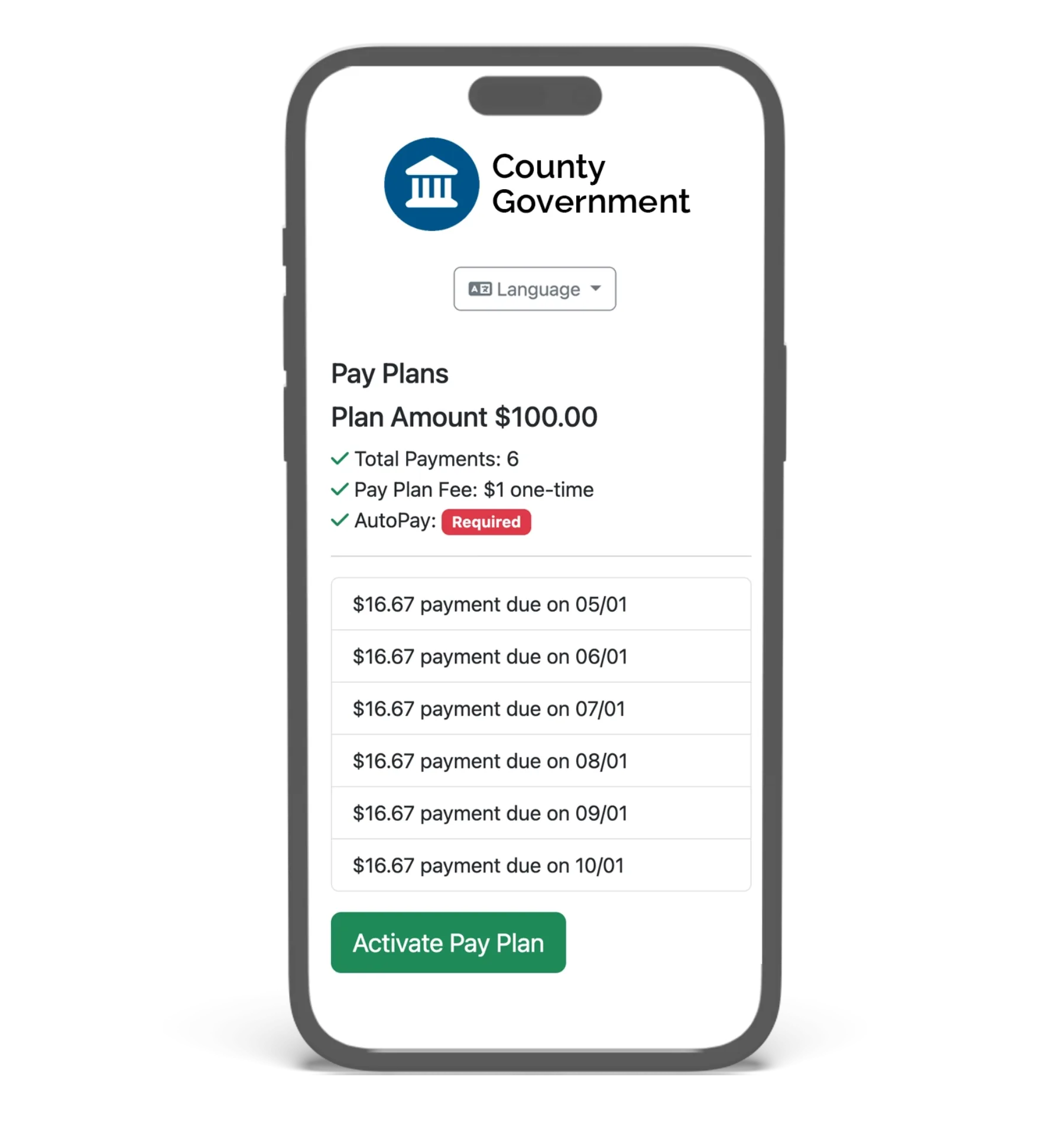 GovPayPlan installment payment plan on a mobile device