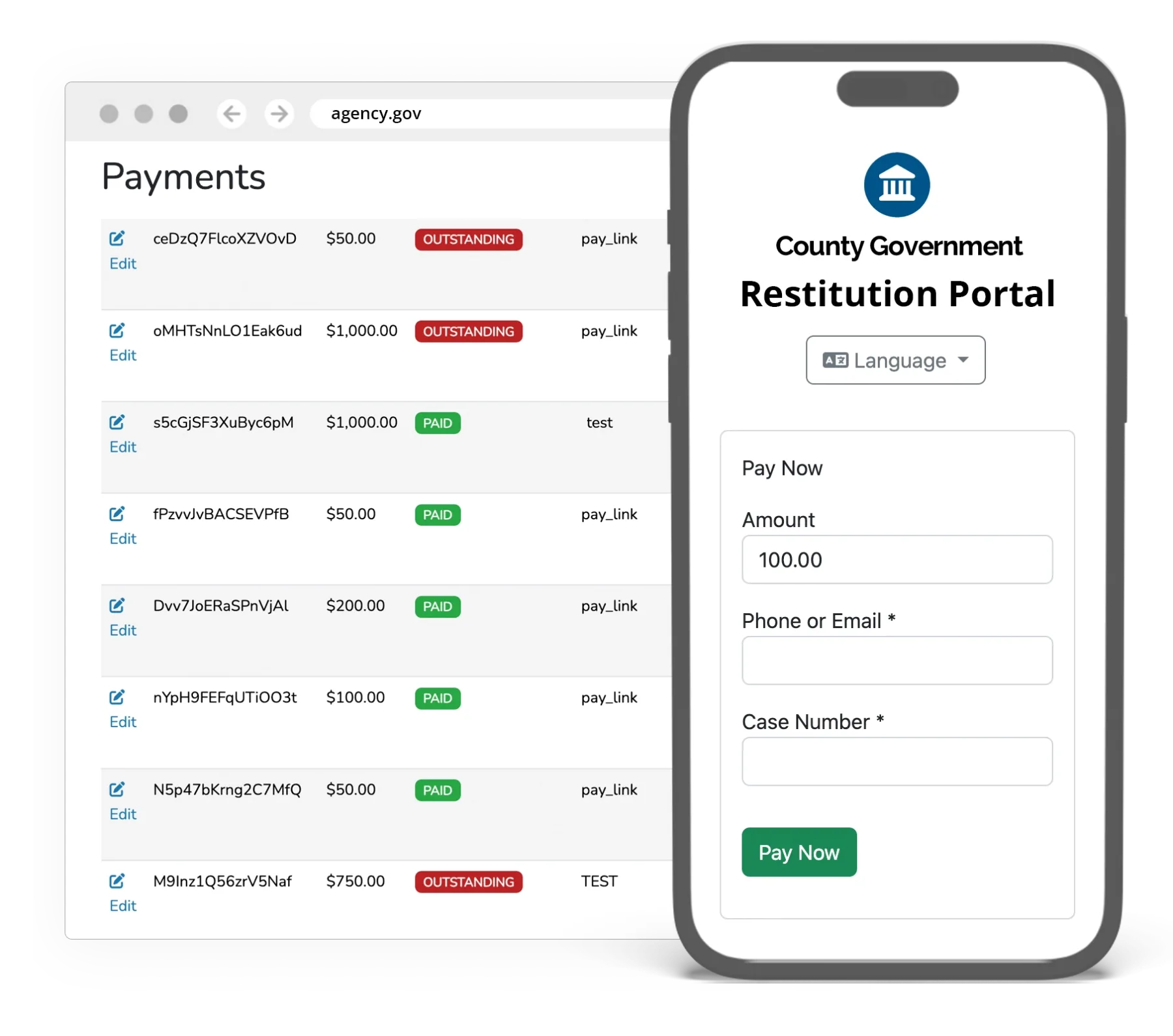 GovPayPlan payment records and the public payment portal on a mobile device